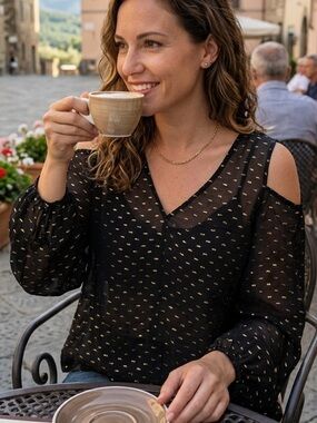 H&M Premium Silk Blend Gold Metallic Clip Dot Cold Shoulder Blouse 10 Occasion